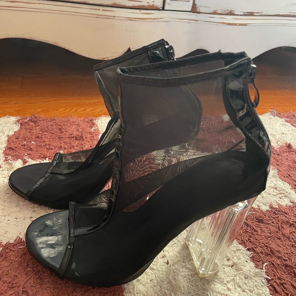 Elegant Black Mesh Heels with Clear Heel